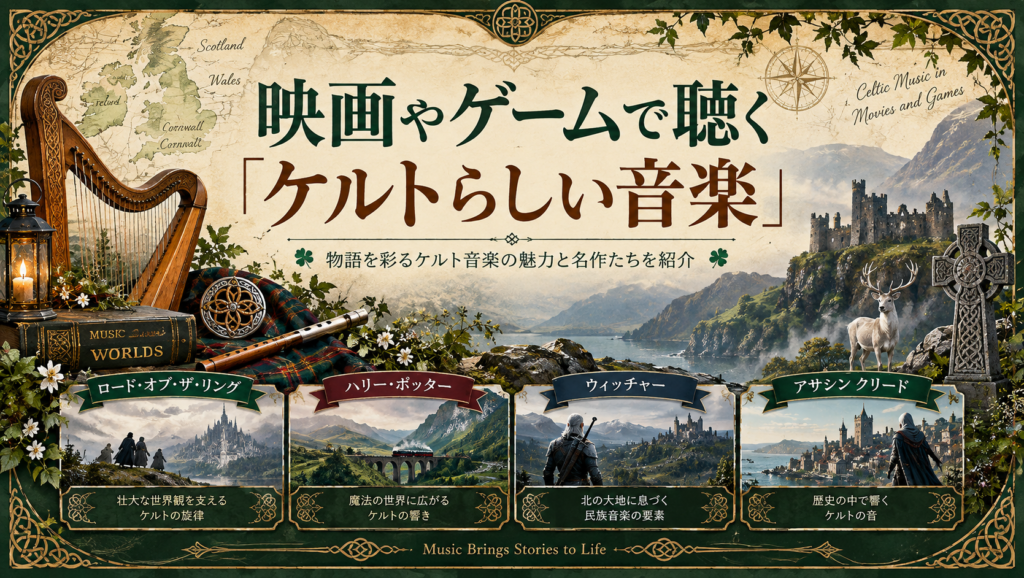 ハープや笛、古城、山岳や海岸の風景を背景に、映画やゲームの世界観を彩る「ケルトらしい音楽」の特徴を表現した見出し画像。「映画やゲームで聴く『ケルトらしい音楽』」と書かれている。