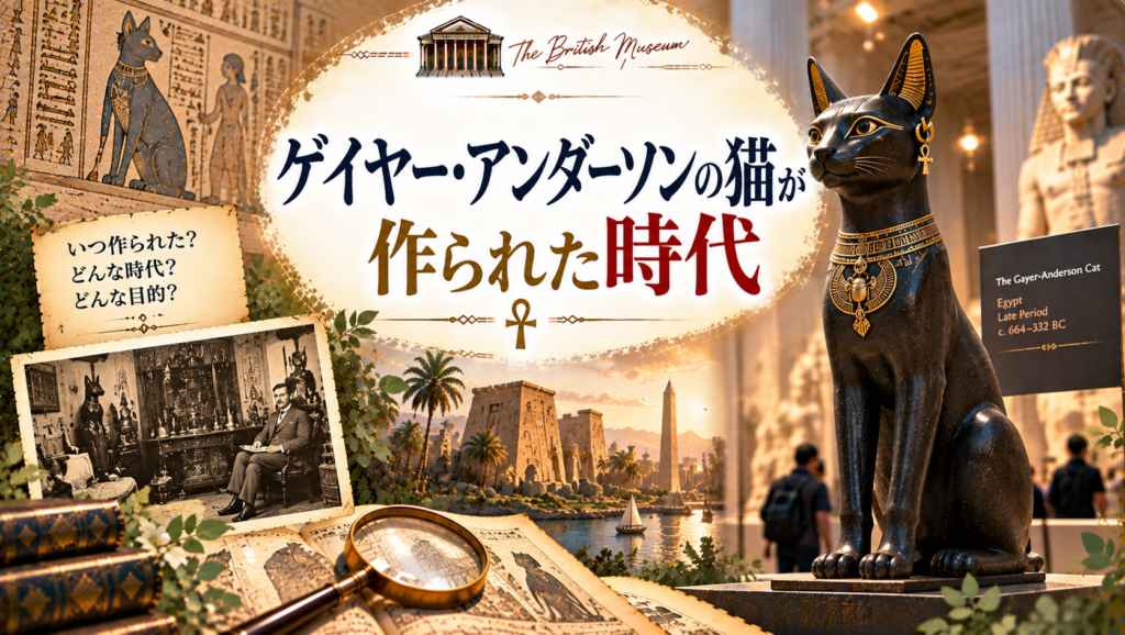 大英博物館に展示されているゲイヤー・アンダーソンの猫と、古代エジプト末期王朝時代の神殿やバステト信仰のイメージを組み合わせ、紀元前664〜332年ごろの時代背景を紹介する見出し画像。「ゲイヤー・アンダーソンの猫が作られた時代」と書かれている。