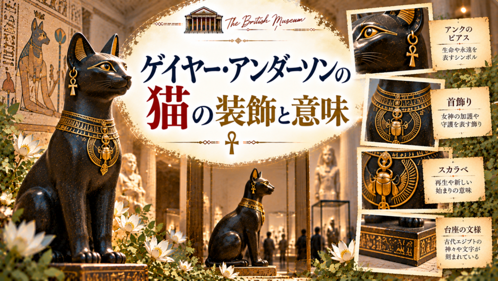 大英博物館のゲイヤー・アンダーソンの猫をクローズアップし、耳のアンク、首飾り、胸元のスカラベ、台座の文様などの装飾と、それぞれに込められた意味を紹介する見出し画像。「ゲイヤー・アンダーソンの猫の装飾と意味」と書かれている。