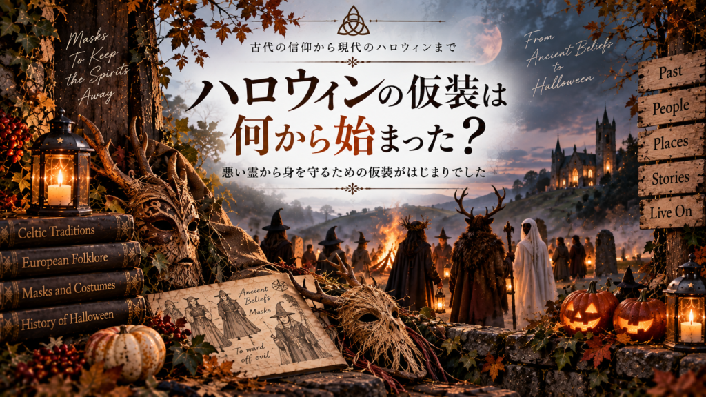 古代ケルトの信仰をイメージし、仮面や動物の角を身につけた人々、焚き火、ランタン、秋の夜を組み合わせ、ハロウィンの仮装の起源を紹介する見出し画像。「ハロウィンの仮装は何から始まった？」と書かれている。
