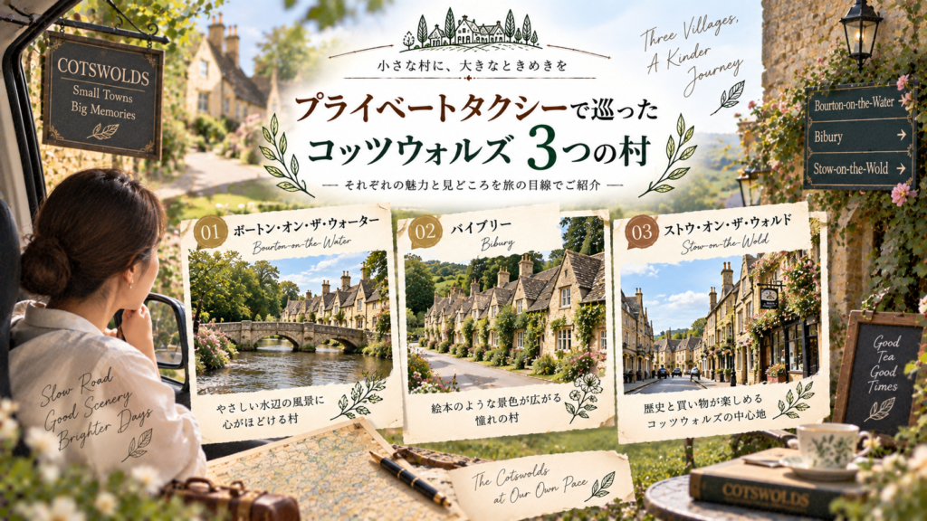 ボートン・オン・ザ・ウォーター、バイブリー、ストウ・オン・ザ・ウォルドの3つの村を、白いプライベートタクシーで巡った旅の様子をまとめた見出し画像。「プライベートタクシーで巡ったコッツウォルズ3つの村」と書かれている。