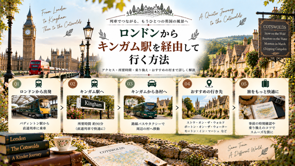 ロンドンから鉄道でキンガム駅へ向かい、そこからバスやタクシーでコッツウォルズの村々へ移動する流れを、列車・駅・村並み・地図とともに紹介する見出し画像。「ロンドンからキンガム駅を経由して行く方法」と書かれている。