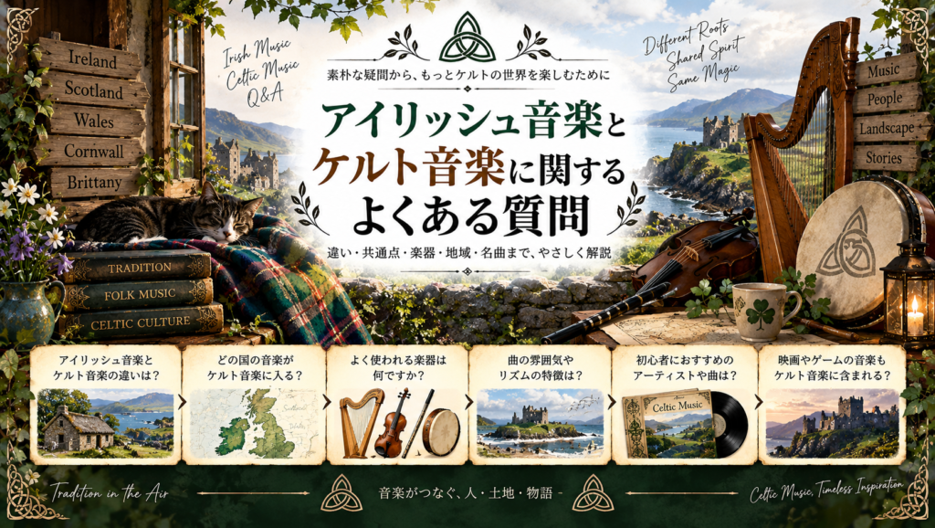 ハープやフィドル、ティン・ホイッスル、バグパイプ、古城や海岸風景を背景に、アイリッシュ音楽とケルト音楽の違い、使われる楽器、地域ごとの特徴、現代音楽とのつながりなど、よくある疑問をまとめた見出し画像。「アイリッシュ音楽とケルト音楽に関するよくある質問」と書かれている。