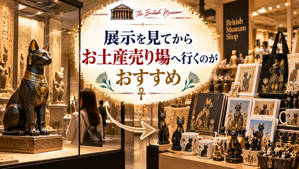大英博物館のバステト像の展示と、黒猫モチーフのフィギュアやマグカップ、ポストカードなどが並ぶお土産売り場をつなぎ、実物を見てからショップへ向かう楽しみ方を紹介する見出し画像。「展示を見てからお土産売り場へ行くのがおすすめ」と書かれている。