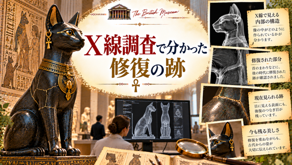 ゲイヤー・アンダーソンの猫の外観とX線調査のイメージを並べ、内部構造や接合部分、後世に行われた修復の痕跡を紹介する見出し画像。「X線調査で分かった修復の跡」と書かれている。