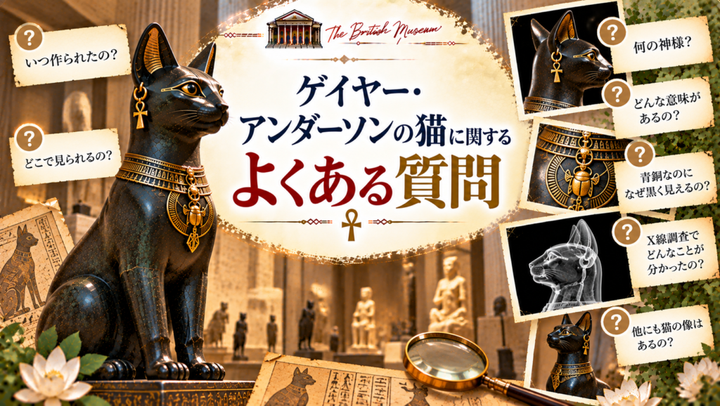 大英博物館に展示されているゲイヤー・アンダーソンの猫を中心に、制作年代、展示場所、女神バステトとの関係、青銅なのに黒く見える理由、X線調査による修復の跡など、よくある疑問をまとめた見出し画像。「ゲイヤー・アンダーソンの猫に関するよくある質問」と書かれている。