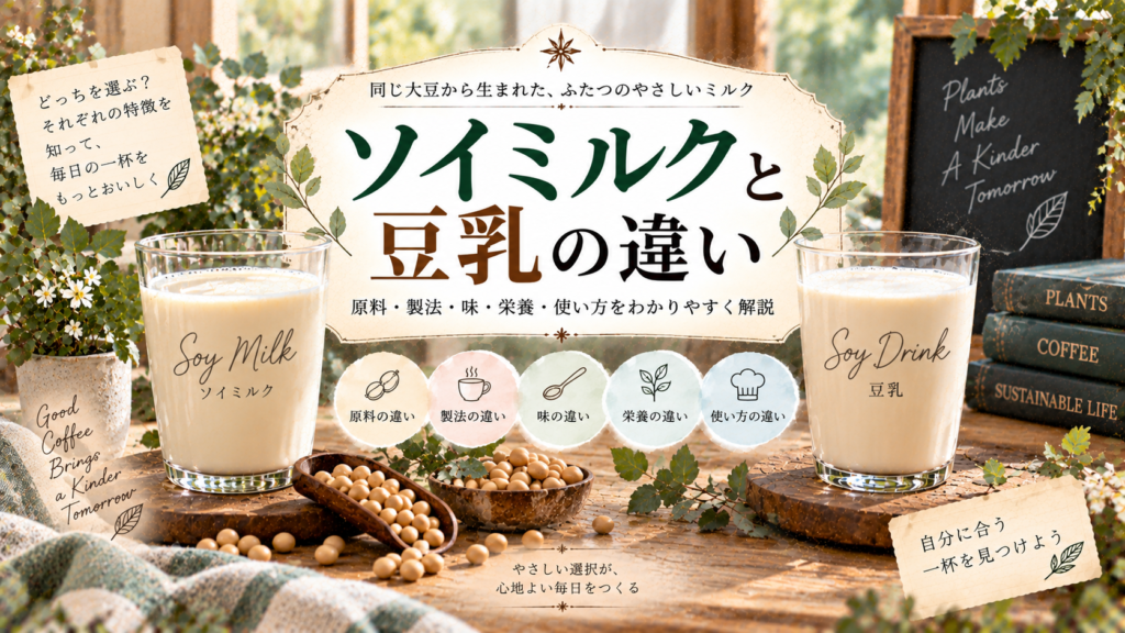 ソイミルクと豆乳をそれぞれグラスに入れ、大豆や植物を添えながら、原料・製法・味・栄養・使い方の違いを比較した見出し画像。「ソイミルクと豆乳の違い」と書かれている。
