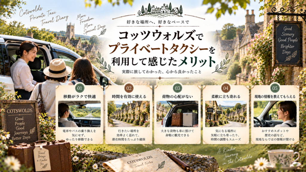 コッツウォルズの村並みと白い車を背景に、移動の快適さ、時間を有効に使えること、荷物を預けられること、柔軟に立ち寄れること、現地情報を教えてもらえることなど、プライベートタクシーのメリットを紹介する見出し画像。「コッツウォルズでプライベートタクシーを利用して感じたメリット」と書かれている。