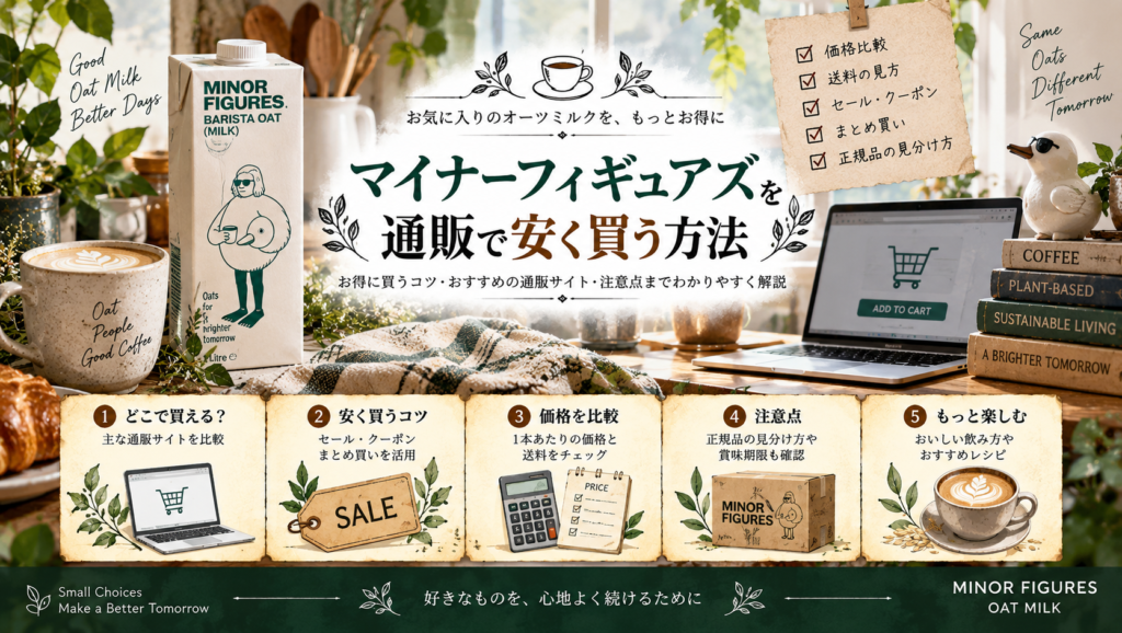 マイナーフィギュアズのオーツミルクやラテ、通販サイトをイメージしたパソコンを背景に、価格比較・送料・セール・まとめ買い・正規品の確認など、オンラインで安く購入するポイントを紹介する見出し画像。「マイナーフィギュアズを通販で安く買う方法」と書かれている。