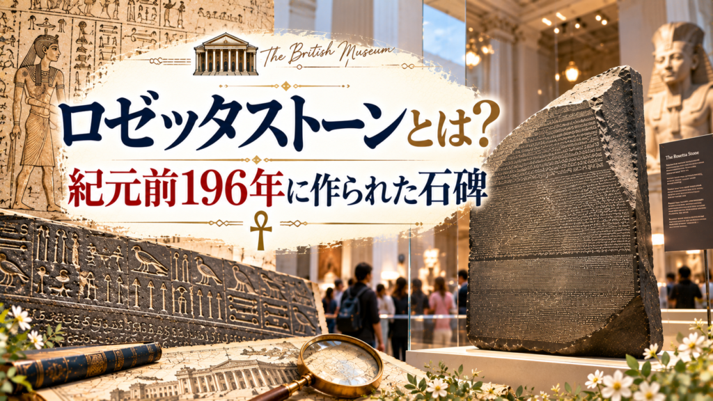 ロゼッタストーンの実物と古代エジプトの石碑や神殿を背景に、紀元前196年に作られたことや、その歴史的な役割を紹介する見出し画像。「ロゼッタストーンとは？紀元前196年に作られた石碑」と書かれている。