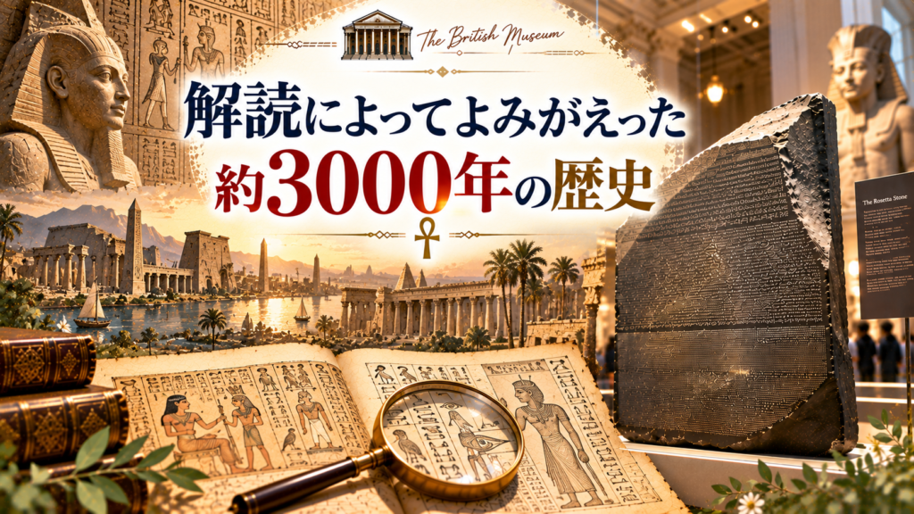 ヒエログリフの解読によって読み取れるようになった古代エジプトの王や神々、神殿、暮らし、記録を、ロゼッタストーンやパピルスとともに紹介する見出し画像。「解読によってよみがえった約3000年の歴史」と書かれている。