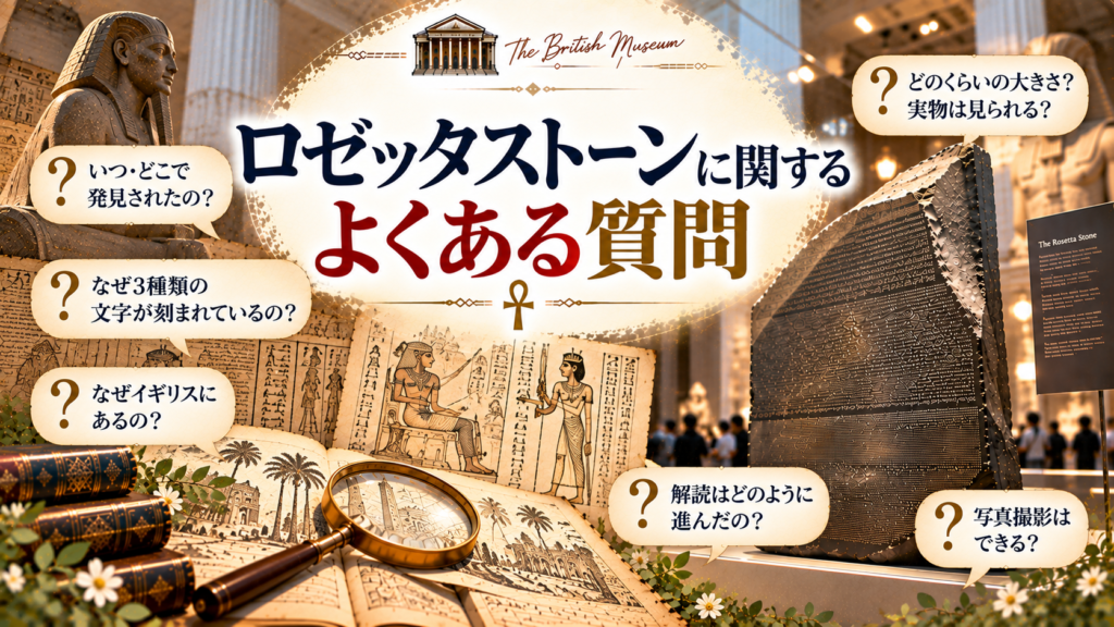 大英博物館に展示されているロゼッタストーンを中心に、発見場所、3種類の文字、解読の歴史、イギリスにある理由、実物の大きさ、写真撮影などに関する疑問をまとめた見出し画像。「ロゼッタストーンに関するよくある質問」と書かれている。