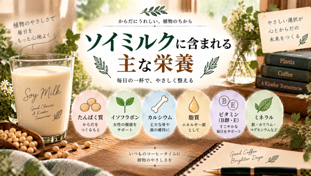 ソイミルクと大豆を背景に、たんぱく質・大豆イソフラボン・カルシウム・脂質・ビタミン・ミネラルなど、主な栄養成分をわかりやすく整理した見出し画像。「ソイミルクに含まれる主な栄養」と書かれている。
