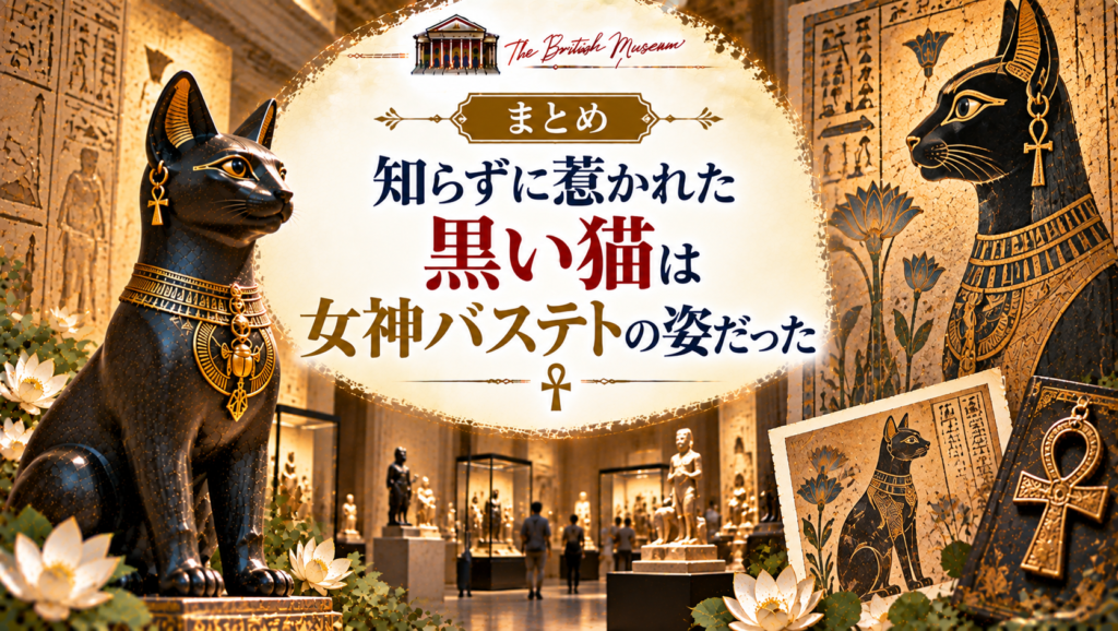 大英博物館の展示室にある黒い猫の像と、古代エジプトの女神バステトを表す図像を組み合わせ、何気なく惹かれた展示がバステト信仰につながるものだったことを振り返るまとめ見出し画像。「まとめ｜知らずに惹かれた黒い猫は女神バステトの姿だった」と書かれている。