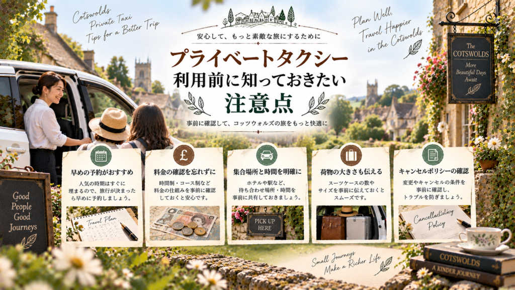 コッツウォルズの村並みと白い車を背景に、早めの予約、料金、集合場所、荷物、キャンセル条件など、プライベートタクシー利用前に確認したいポイントをまとめた見出し画像。「プライベートタクシー利用前に知っておきたい注意点」と書かれている。