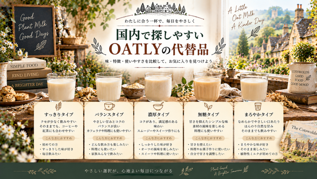 複数のオーツミルク商品とグラス、オーツ麦を並べ、日本国内で購入しやすいOATLYの代替候補を、味・特徴・使いやすさとともに比較した見出し画像。「国内で探しやすいOATLYの代替品」と書かれている。