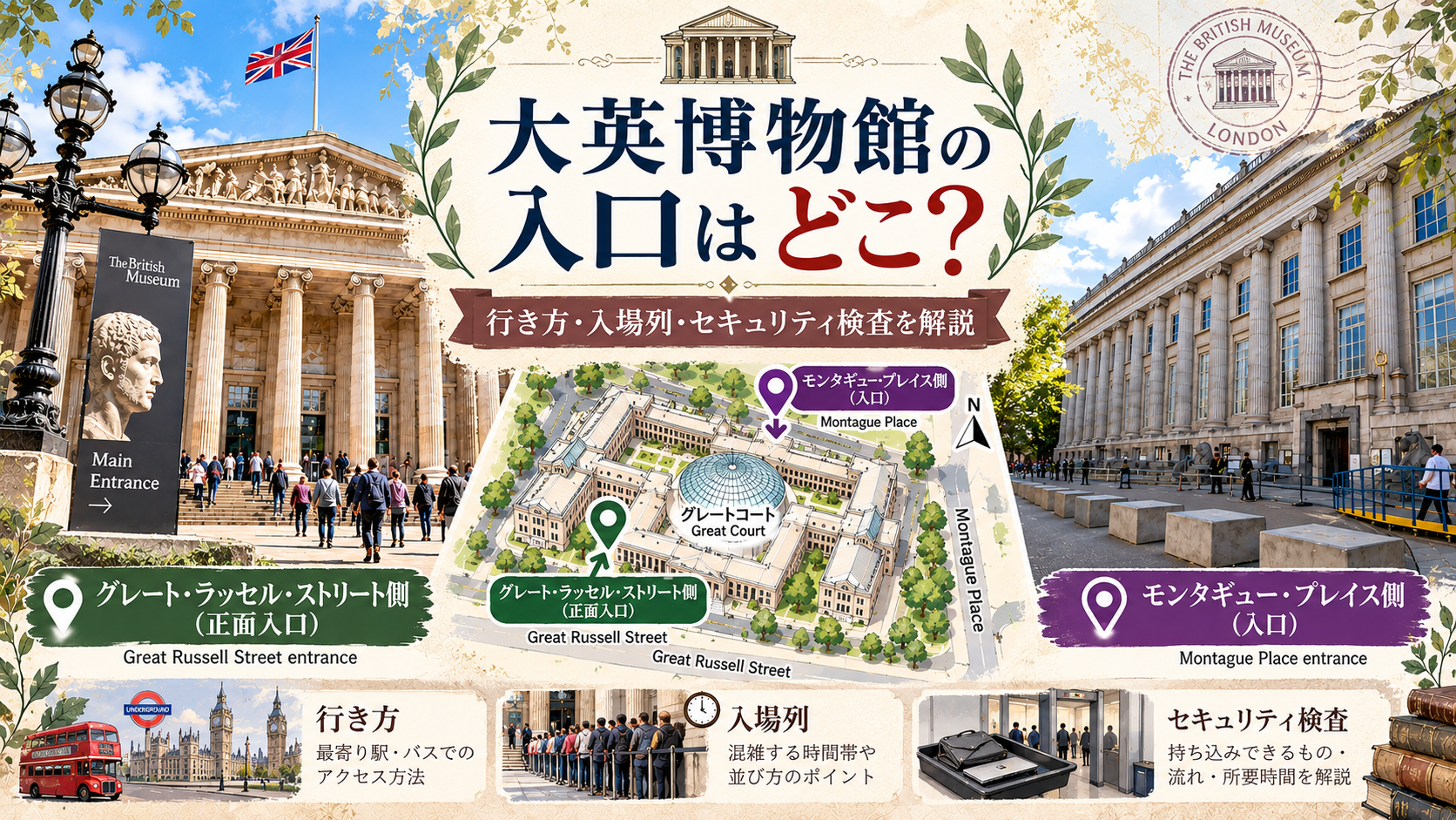 大英博物館のグレート・ラッセル・ストリート側の正面入口とモンタギュー・プレイス側の入口、館内地図、入場待ちの列、セキュリティ検査を組み合わせ、アクセスから入館までの流れを紹介するアイキャッチ画像。「大英博物館の入口はどこ？行き方・入場列・セキュリティ検査を解説」と書かれている。