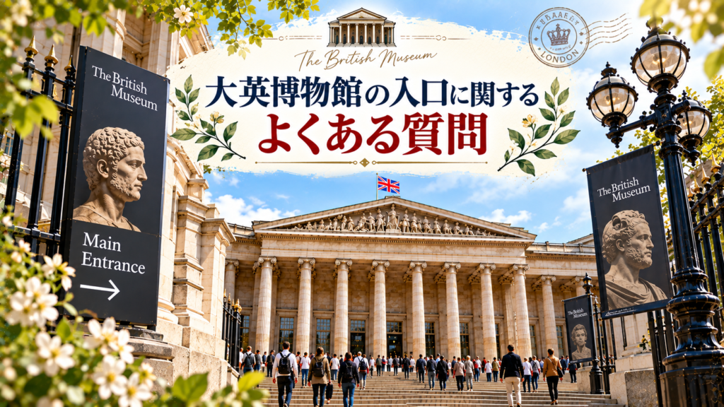大英博物館の正面入口を背景に、予約していても並ぶか、入口はどこか、どちらの入口を使うか、待ち時間、セキュリティ検査、荷物、最寄り駅など、入口に関するよくある疑問をQ&A形式でまとめた見出し画像。「大英博物館の入口に関するよくある質問」と書かれている。