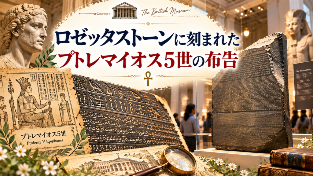 ロゼッタストーンの実物とプトレマイオス5世を表した古代エジプト風の図像、石碑に刻まれた文字を組み合わせ、紀元前196年に発布された王の布告を紹介する見出し画像。「ロゼッタストーンに刻まれたプトレマイオス5世の布告」と書かれている。