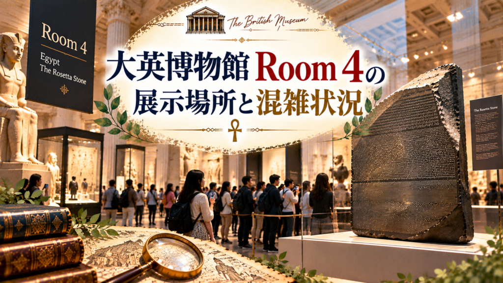 大英博物館Room 4の館内位置を示す地図と、ロゼッタストーンの展示ケース、その周囲に集まる来館者を組み合わせ、展示場所や混雑状況の目安を紹介する見出し画像。「大英博物館Room 4の展示場所と混雑状況」と書かれている。