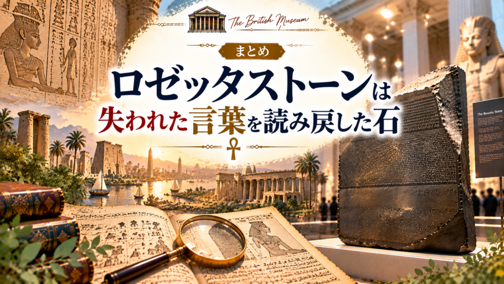 ロゼッタストーンの実物と古代エジプトの神殿、王や人々を描いたパピルス、ヒエログリフを組み合わせ、解読によって失われていた古代エジプトの言葉と歴史が再び読めるようになったことを表現するまとめ見出し画像。「まとめ｜ロゼッタストーンは失われた言葉を読み戻した石」と書かれている。