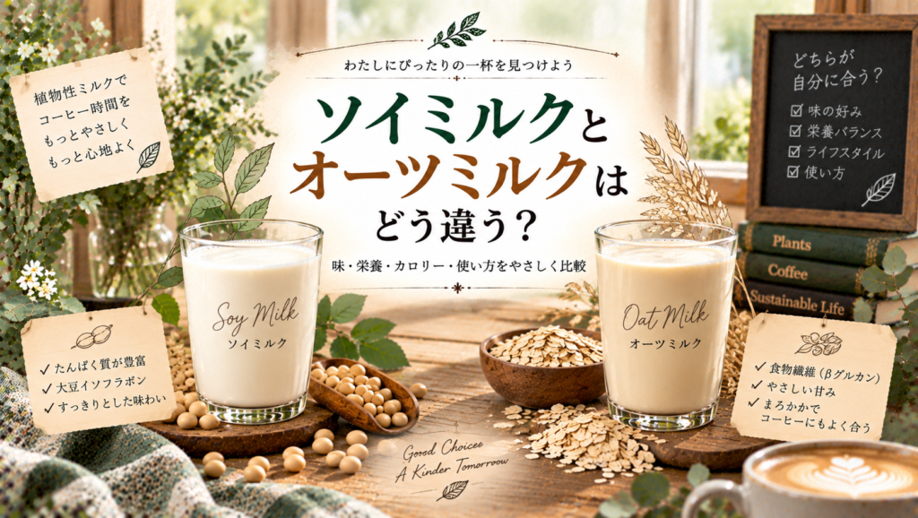 ソイミルクとオーツミルクをそれぞれグラスに入れ、大豆とオーツ麦を添えながら、味・栄養・甘み・使い方の違いを比較した見出し画像。「ソイミルクとオーツミルクはどう違う？」と書かれている。