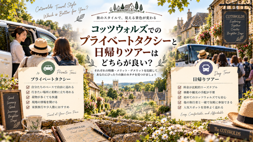 コッツウォルズの村並みを背景に、白いプライベートタクシーと日帰りツアーのバスを並べ、自由度・料金・移動のしやすさ・立ち寄りやすさなどの違いを比較した見出し画像。「コッツウォルズでのプライベートタクシーと日帰りツアーはどちらが良い？」と書かれている。