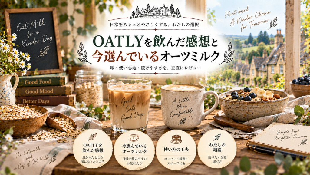 オーツミルクのラテやオーツ麦、朝食の風景を背景に、OATLYを実際に飲んだ感想と、現在選んでいるオーツミルクの飲みやすさや使いやすさを紹介する見出し画像。「OATLYを飲んだ感想と今選んでいるオーツミルク」と書かれている。
