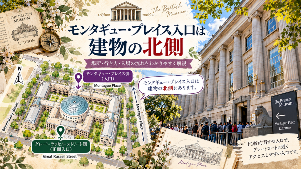 大英博物館の地図とモンタギュー・プレイス側の外観を組み合わせ、モンタギュー・プレイス入口が建物の北側に位置することを示した見出し画像。「モンタギュー・プレイス入口は建物の北側」と書かれている。