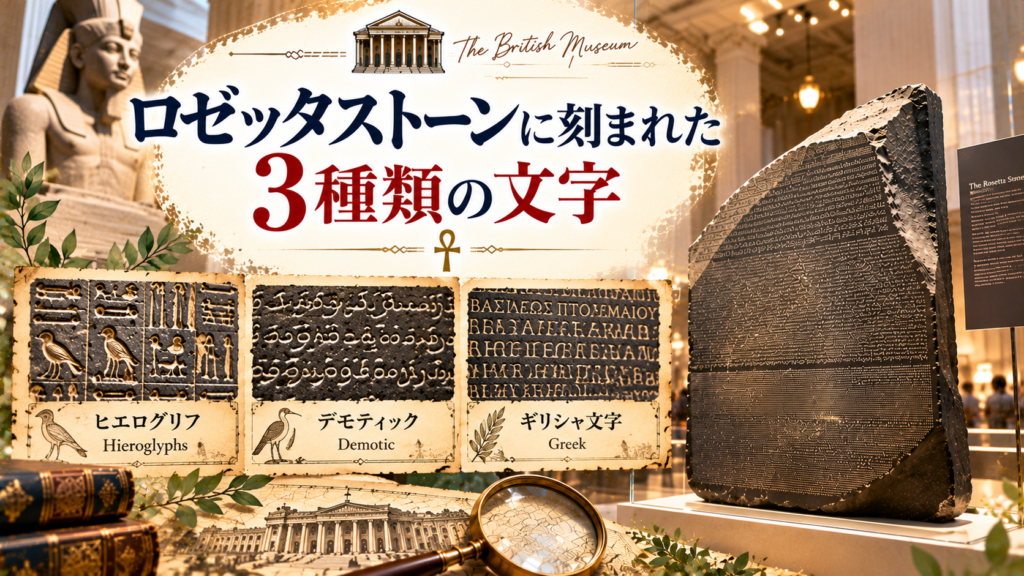 大英博物館に展示されているロゼッタストーンの実物と、ヒエログリフ・デモティック・古代ギリシャ語の3種類の文字を拡大して並べ、それぞれの違いを紹介する見出し画像。「ロゼッタストーンに刻まれた3種類の文字」と書かれている。