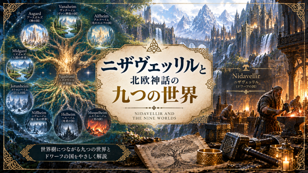 北欧神話の世界樹ユグドラシルと九つの世界、山岳都市ニザヴェッリルで鍛冶をするドワーフたちを描いた見出し画像。「ニザヴェッリルと北欧神話の九つの世界」と書かれている。