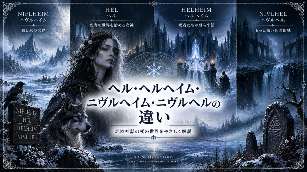 北欧神話のヘル、ヘルヘイム、ニヴルヘイム、ニヴルヘルを、女神ヘルや霧と氷の世界、死者の館などとともに比較して描いた見出し画像。「ヘル・ヘルヘイム・ニヴルヘイム・ニヴルヘルの違い」と書かれている。