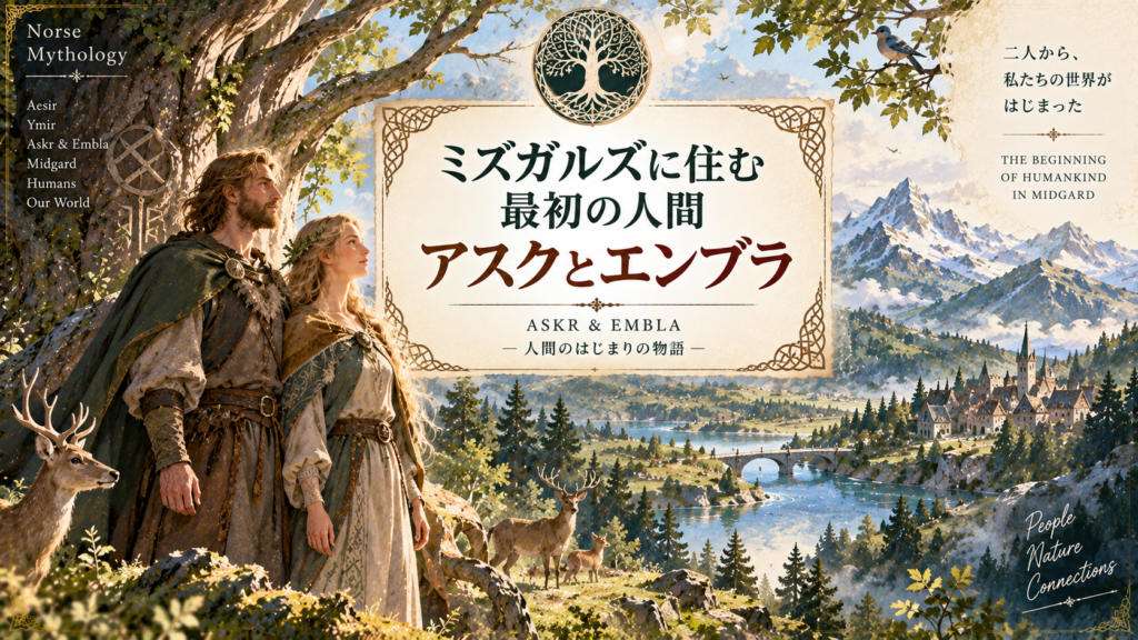 北欧神話で最初の人間とされるアスクとエンブラが、自然豊かなミズガルズの世界に立つ様子を描いた見出し画像。「ミズガルズに住む最初の人間アスクとエンブラ」と書かれている。