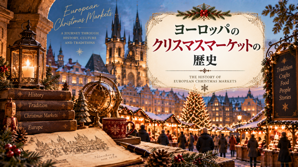 雪のヨーロッパ旧市街に広がるクリスマスマーケットと、古い書物やニュルンベルクの歴史資料をイメージしたイラストを組み合わせた見出し画像。「ヨーロッパのクリスマスマーケットの歴史」と書かれている。
