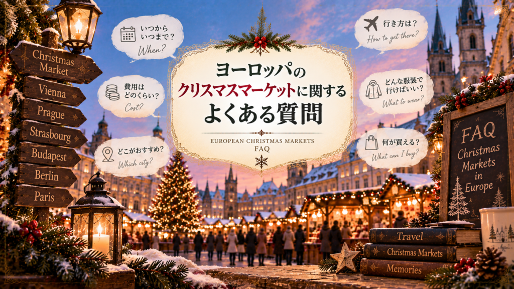 雪のヨーロッパ旧市街に広がるクリスマスマーケットを背景に、開催時期・費用・おすすめ都市・行き方・服装・買い物などの疑問をまとめた見出し画像。「ヨーロッパのクリスマスマーケットに関するよくある質問」と書かれている。