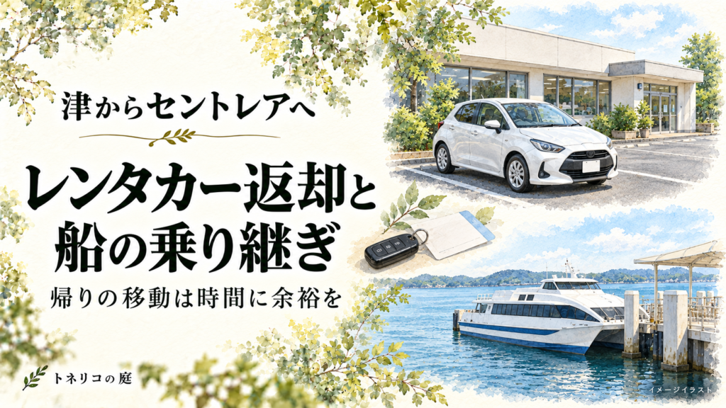 レンタカー店舗前の白い車と鍵、桟橋に停泊する高速船を組み合わせた水彩調のイメージイラスト