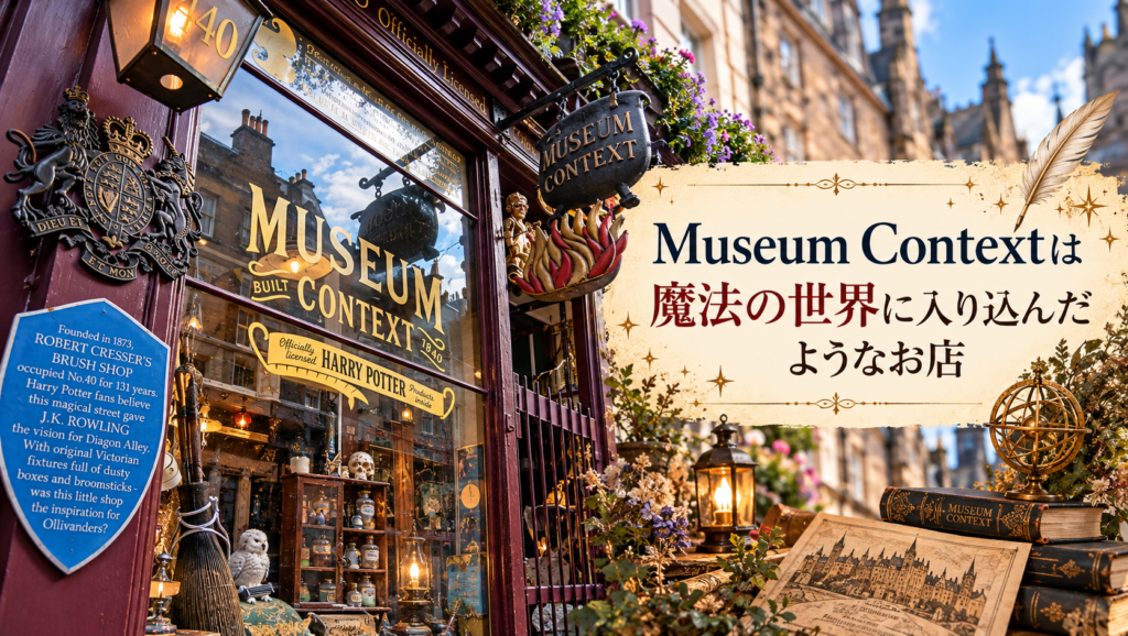 エディンバラのMuseum Contextの店舗外観と、えんじ色の壁、金色のロゴ、ハリー・ポッター公式ライセンス商品の案内、古い本や地図、フクロウ、天体モチーフの雑貨を組み合わせ、魔法の世界に入り込んだような雰囲気を表現した見出し画像。「Museum Contextは魔法の世界に入り込んだようなお店」と書かれている。