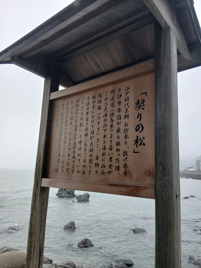 三重県二見興玉神社の契りの松の説明書きのされた看板