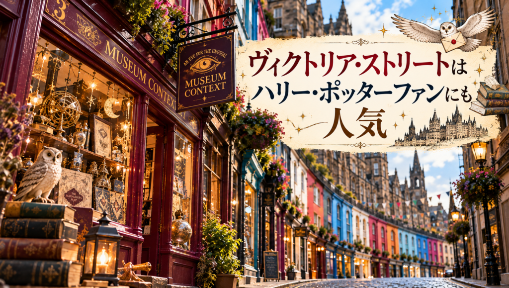 エディンバラのカラフルなヴィクトリア・ストリートとMuseum Contextの店舗、本や地図、フクロウなど魔法を連想させるモチーフを組み合わせ、ハリー・ポッターファンにも人気の街並みを表現した見出し画像。「ヴィクトリア・ストリートはハリー・ポッターファンにも人気」と書かれている。