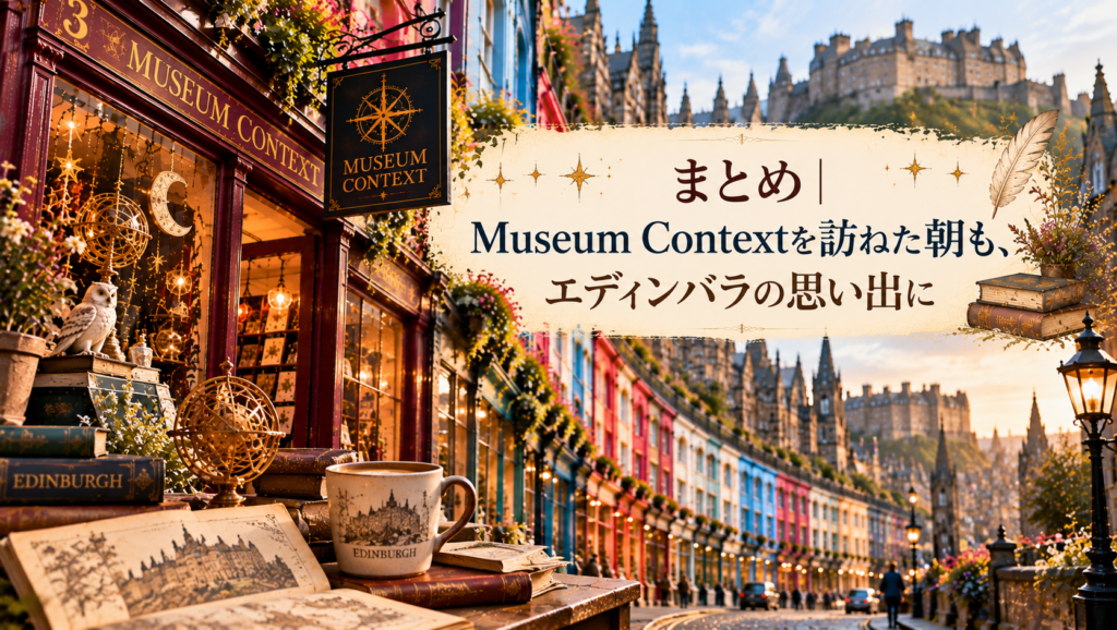 エディンバラのカラフルなヴィクトリア・ストリートとMuseum Contextの店舗、本や地図、天体モチーフ、カップなどを組み合わせ、魔法のお店を訪ねた朝の思い出を振り返るまとめ見出し画像。「まとめ｜Museum Contextを訪ねた朝も、エディンバラの思い出に」と書かれている。