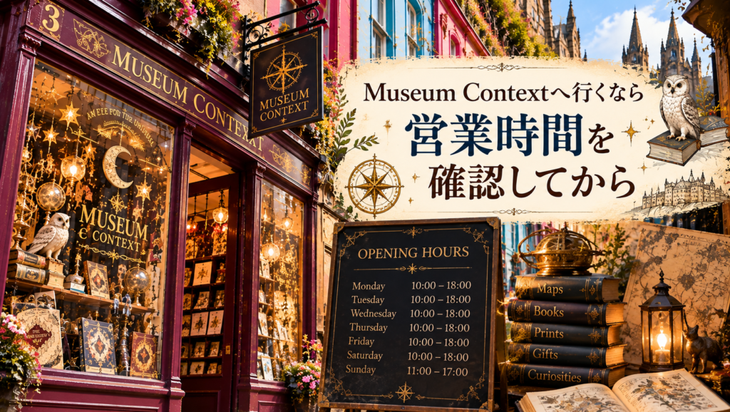 エディンバラのヴィクトリア・ストリートにあるMuseum Contextのえんじ色の店舗外観と、営業時間を示す案内板、本や地図、天体モチーフの雑貨を組み合わせ、訪問前に営業時間を確認するポイントを伝える見出し画像。「Museum Contextへ行くなら営業時間を確認してから」と書かれている。