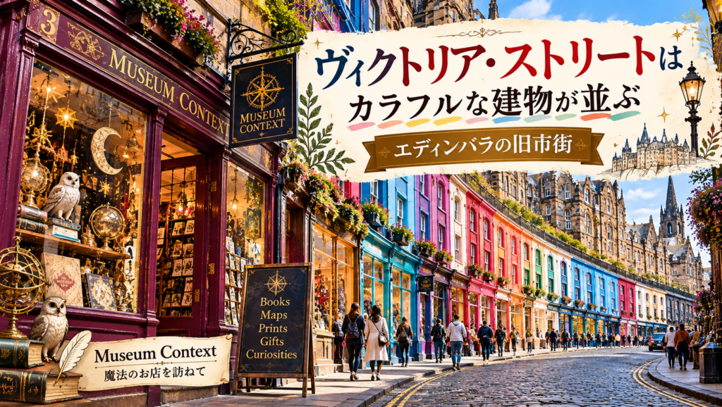 エディンバラ旧市街のヴィクトリア・ストリートに並ぶ赤・青・ピンクなどのカラフルな建物と石畳の坂道、Museum Contextの店舗を組み合わせ、歴史ある街並みの魅力を表現した見出し画像。「ヴィクトリア・ストリートはカラフルな建物が並ぶエディンバラの旧市街」と書かれている。