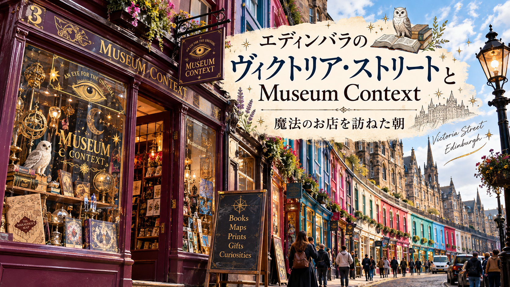 エディンバラのカラフルなヴィクトリア・ストリートと、えんじ色の外観が印象的なMuseum Contextの店舗を背景に、魔法を感じる本や地図、天体モチーフの雑貨が並ぶ様子を表現したアイキャッチ画像。「エディンバラのヴィクトリア・ストリートとMuseum Context｜魔法のお店を訪ねた朝」と書かれている。