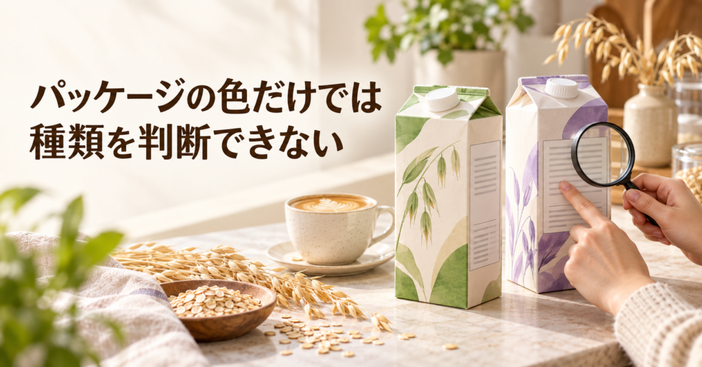 緑と紫のアクセントがあるオーツミルクのパッケージを前に、商品ラベルを確認する様子。パッケージの色だけでは種類を判断できないことを表した見出し画像。